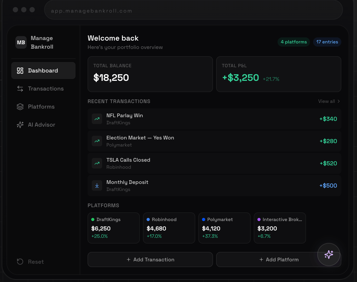 Manage Bankroll Screenshot