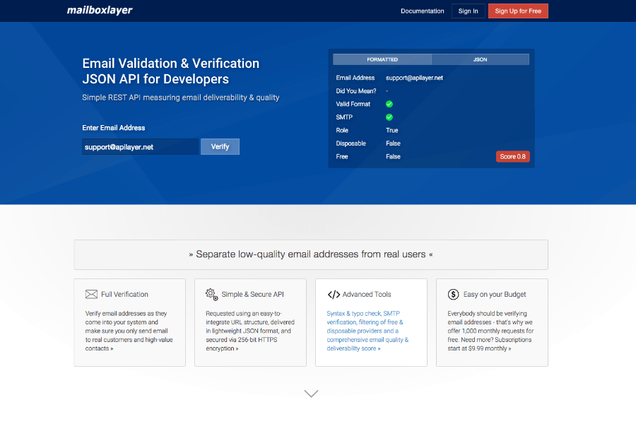 Mailboxlayer API Screenshot